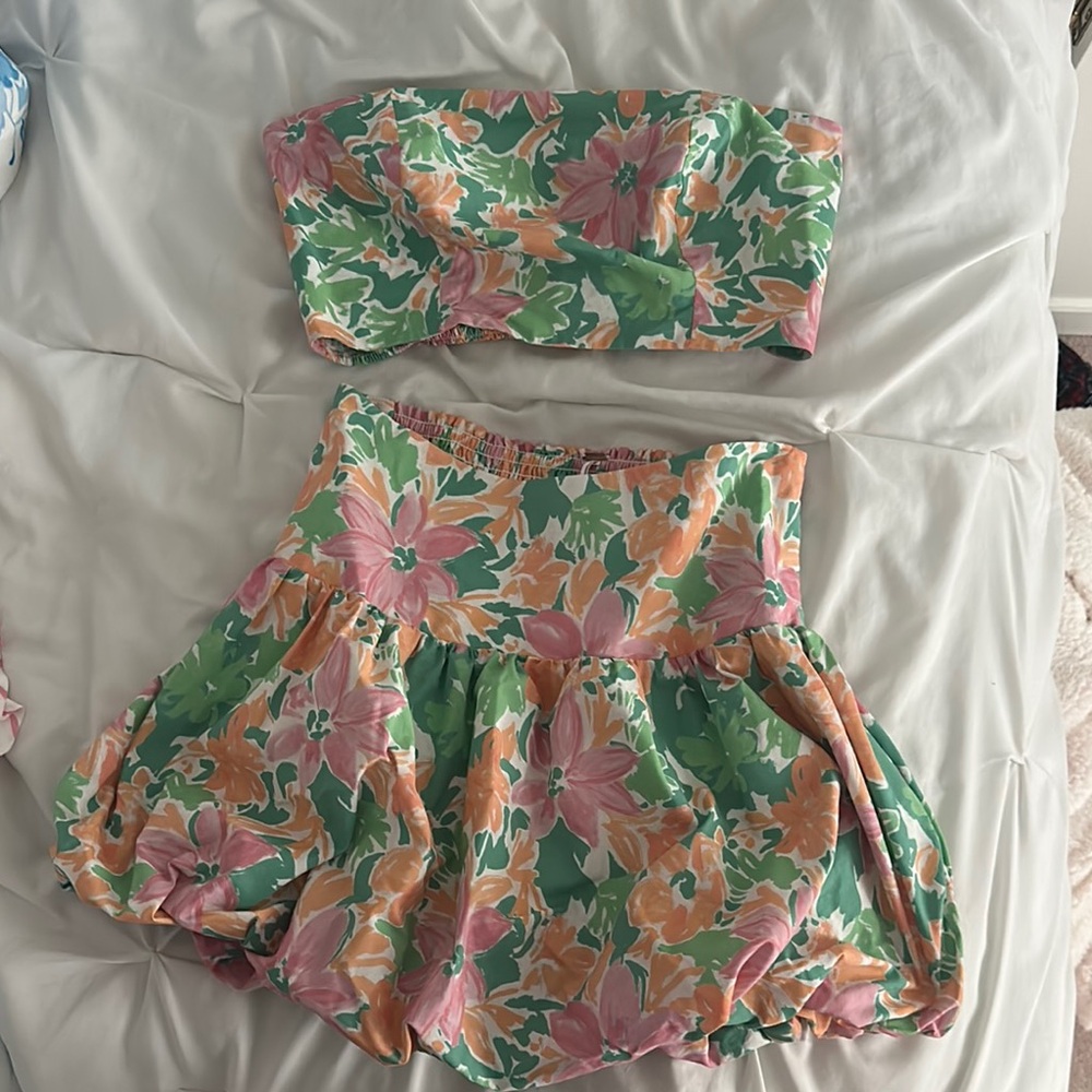 Free People Floral Strapless Top and Skirt Set